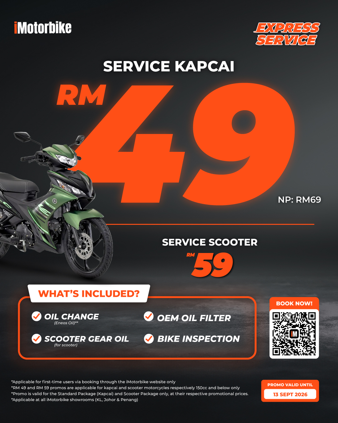 iMotorbike Express Service: Kapcai service RM49 (normally RM69), Scooter service RM59. Includes oil change, OEM oil filter, and bike inspection.